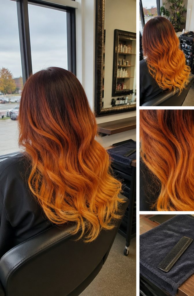 Dark roots fading through orange into warm yellow hair ends