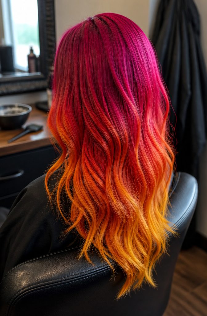 Magenta roots fading through red and orange into gold hair ends