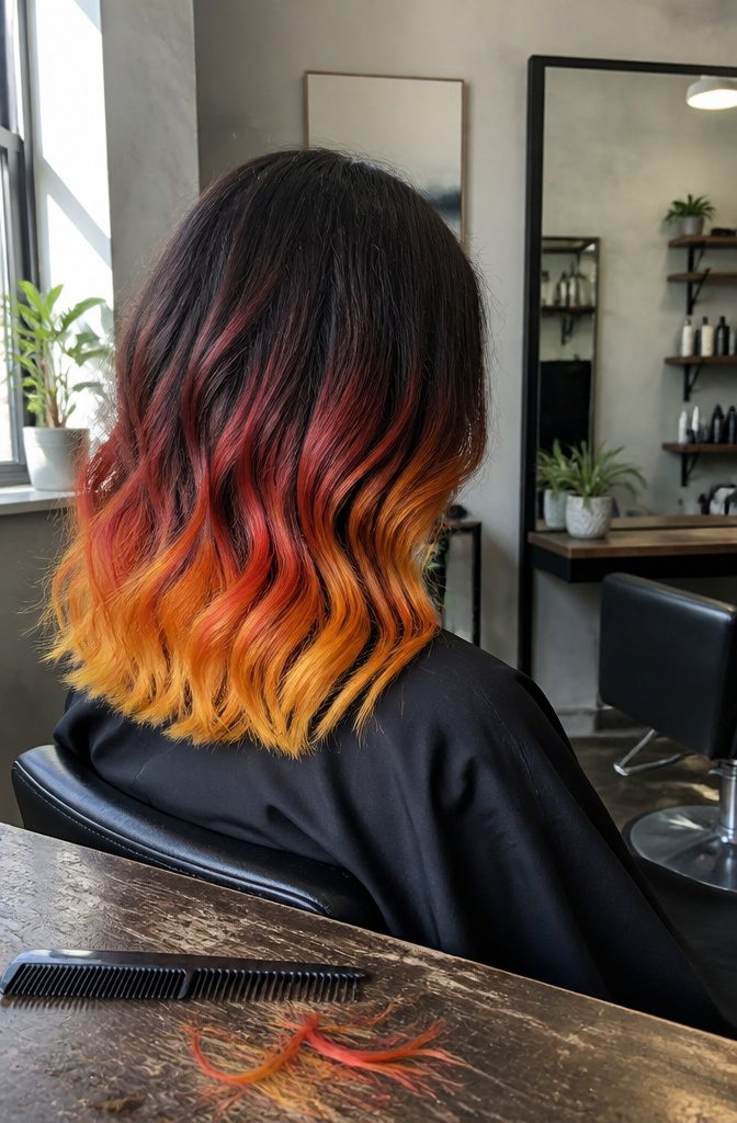 Mid-length dark hair fading through red and orange to yellow ends