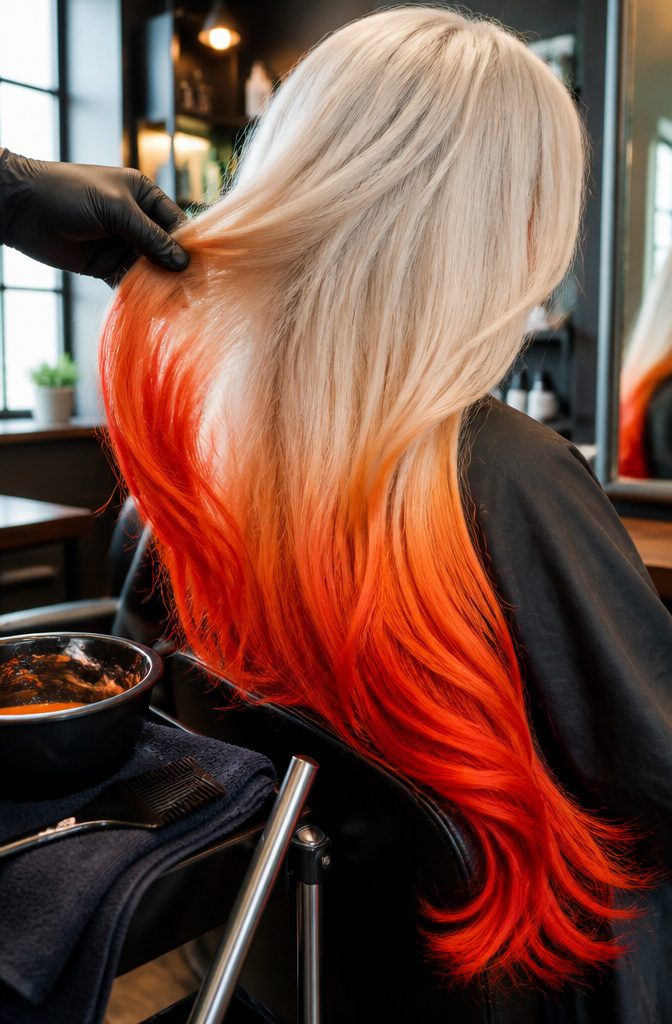 Platinum blonde hair fading into vivid red-orange ends