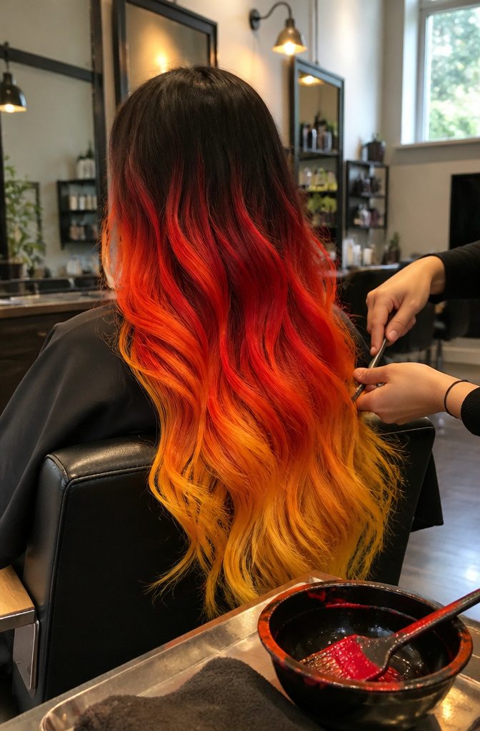 Dark-rooted hair with neon red mid-lengths and orange-yellow tips