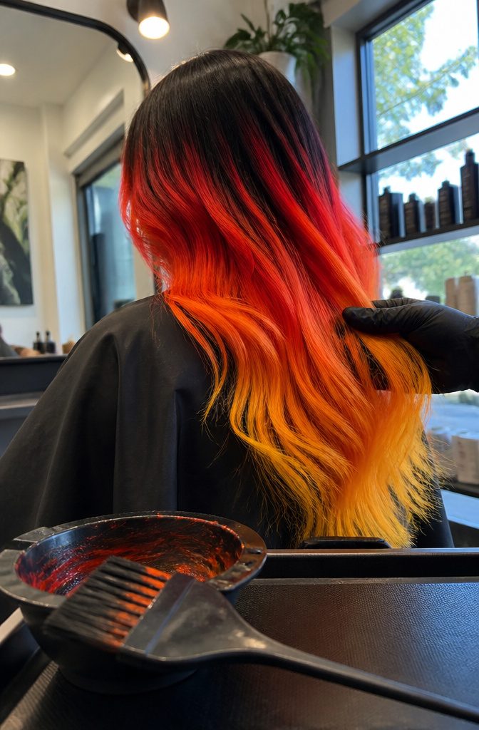 Dark roots above vivid neon red orange and yellow hair