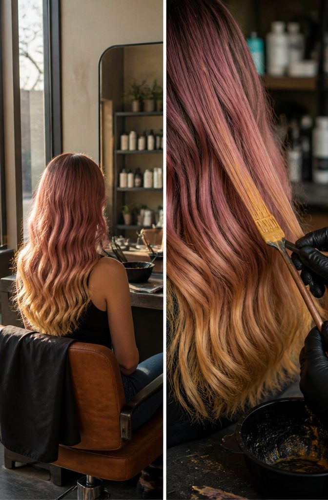 Dusty mauve roots fading through rose hair into rich gold ends