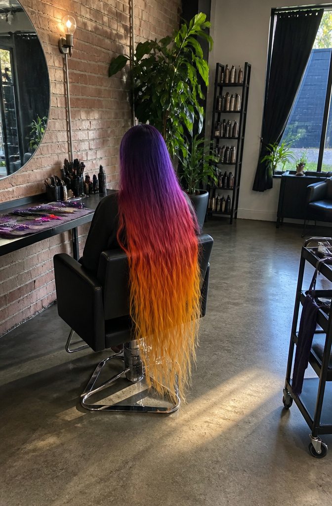 Long hair with purple red orange and gold color bands