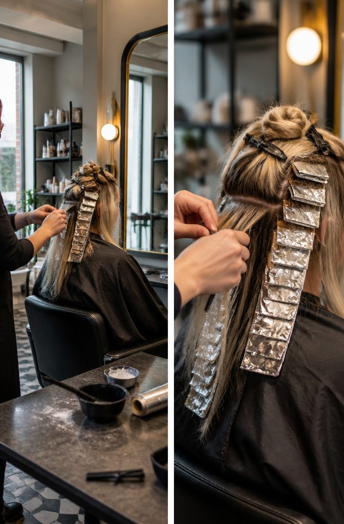 Hair sections marked with horizontal and vertical foil placement patterns
