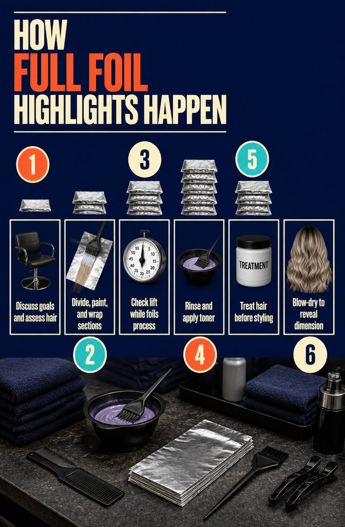 Hair divided into sections with lightener-coated strands wrapped in foil