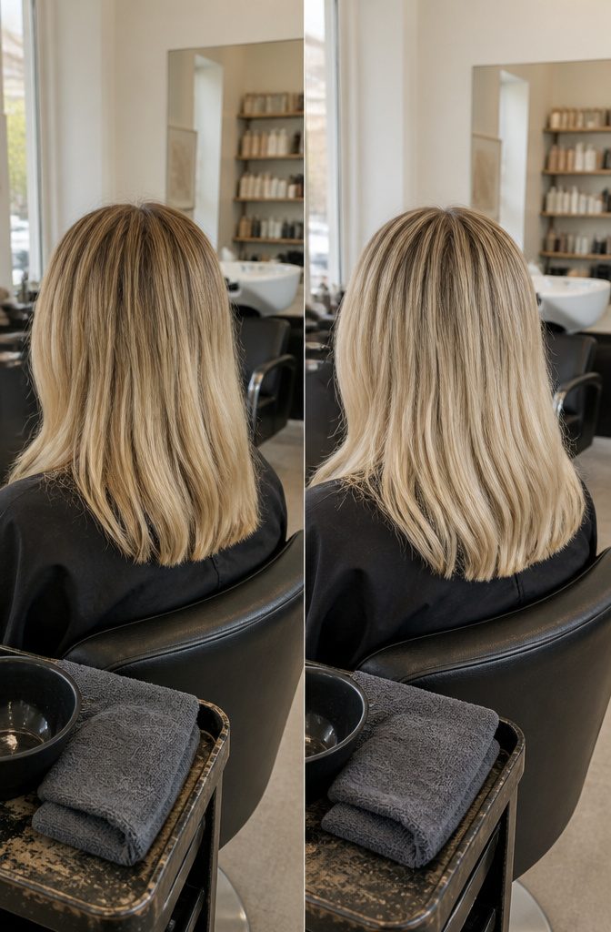 Highlighted hair showing an even tone from roots to ends