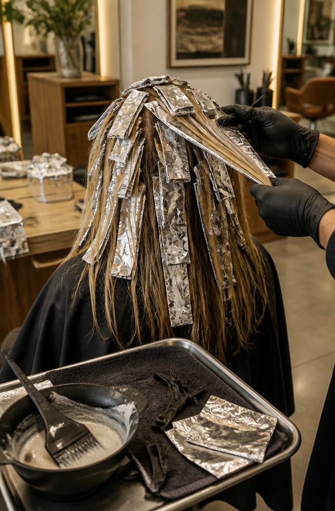 Hair showing lightened strands across the crown and lower layers