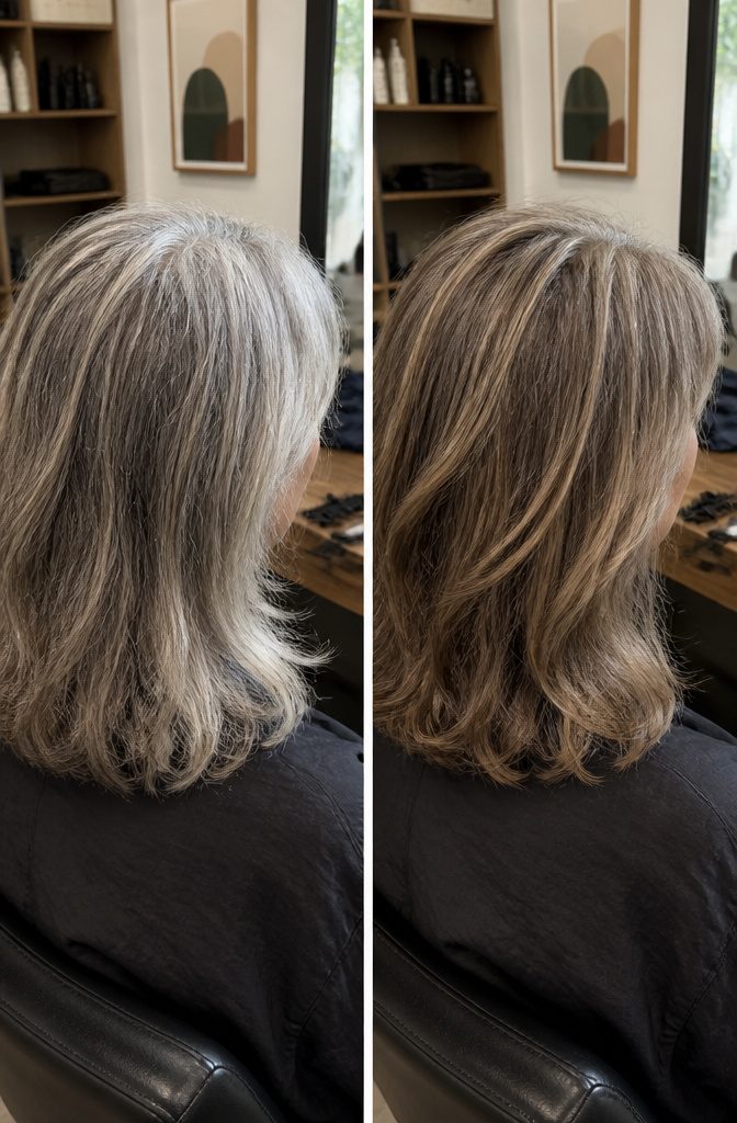 Hair showing blended gray with darker roots and lighter surrounding strands