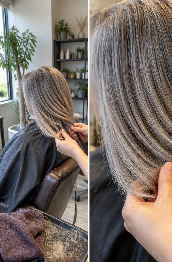 Hair growing out with silver highlights and visible natural gray roots