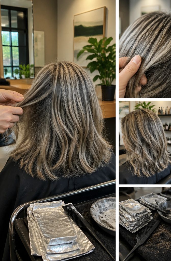 Gray hair with highlights and lowlights woven through darker strands