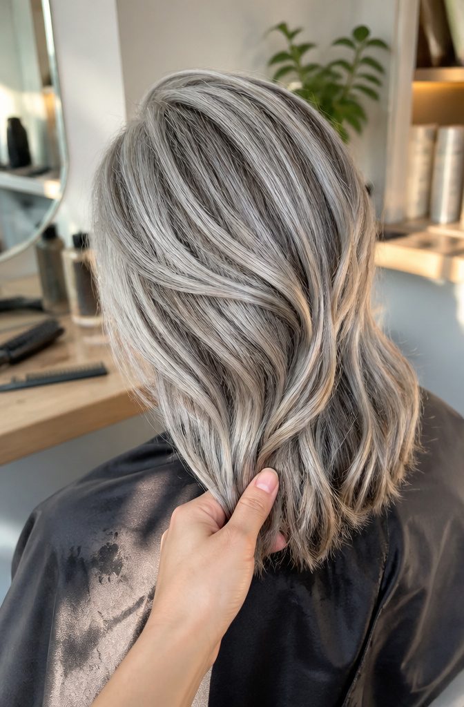 Gray hair with darker lowlights woven through lighter natural strands