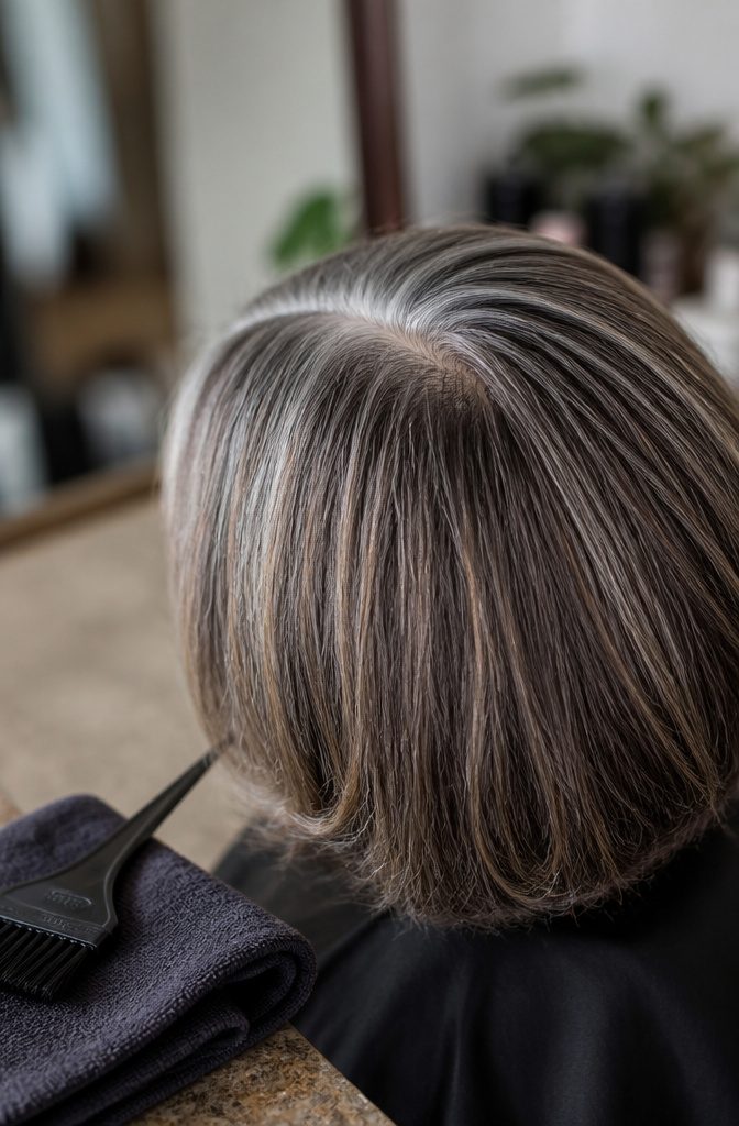 Hair with root color covering gray and lighter pieces around the crown