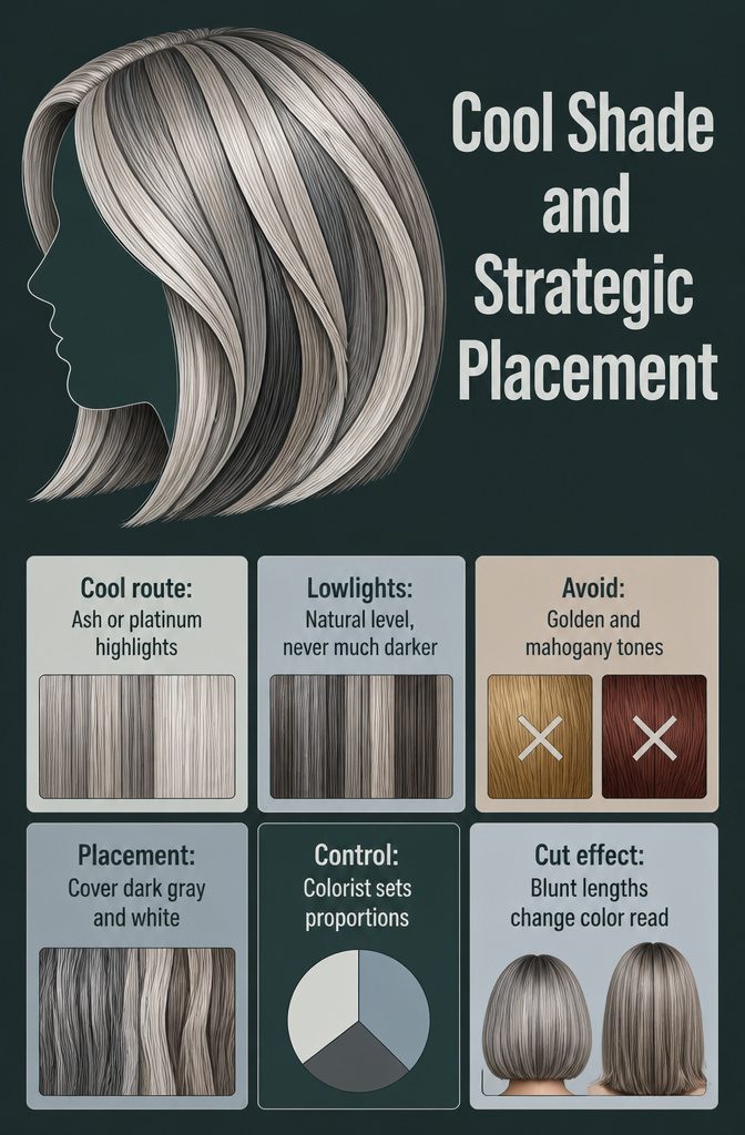 Hair with cool ash highlights and neutral lowlights placed through gray