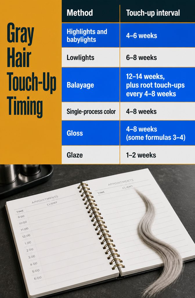Chart listing gray hair touch-up intervals for glaze balayage and color