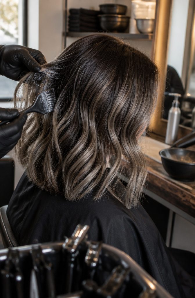 Silver dye applied to flaxen highlights on dark brunette semi-wavy hair
