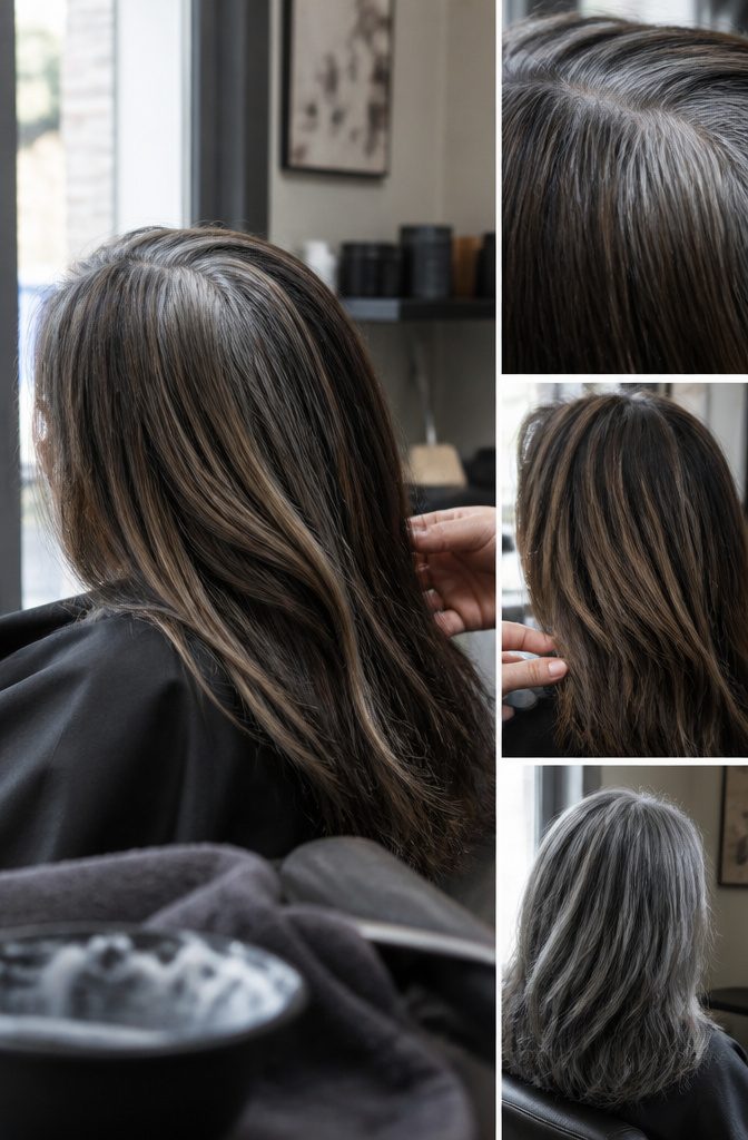 Client with gray hair showing a transition from dark brunette color