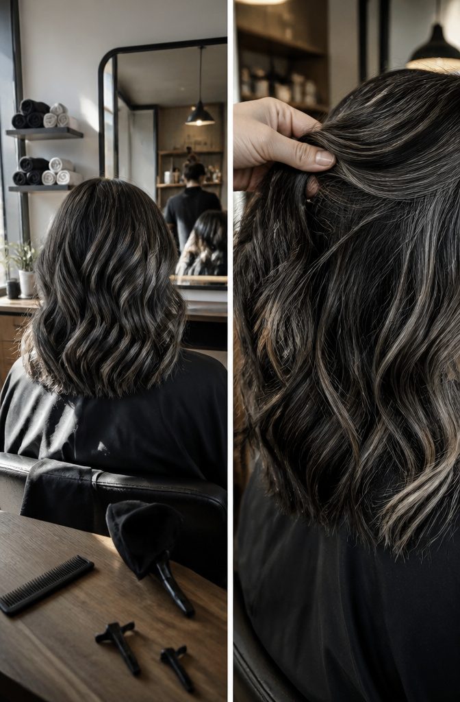 Dark brunette hair with piecey smoky silver highlights