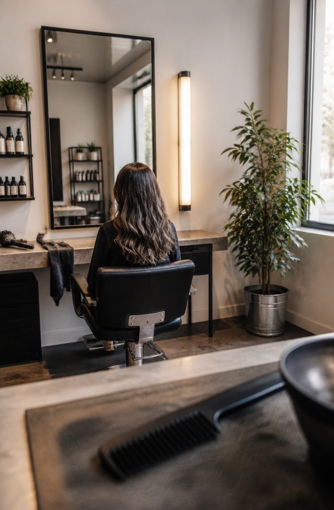 Gray roots blending into dark hair with softly placed highlights