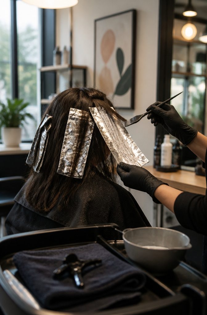 Stylist applying bleach with a tint brush to narrow brunette sections in foil