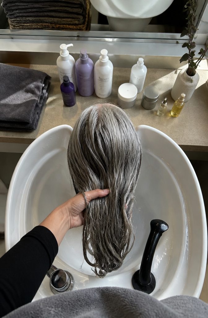 Hair care products arranged for maintaining silver highlights and moisture