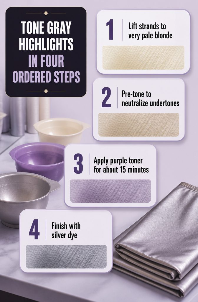 Four-step silver toning infographic with pale blonde strands and toner