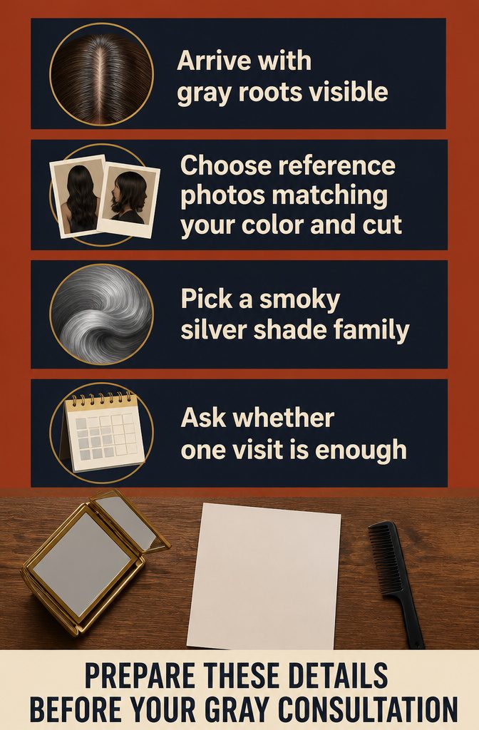 Gray consultation infographic with roots reference photos and shade selection