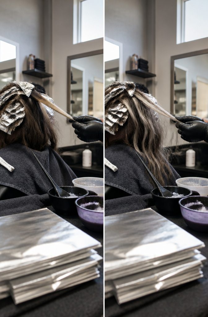 Dark brunette hair with pale blonde sections ready for silver toner