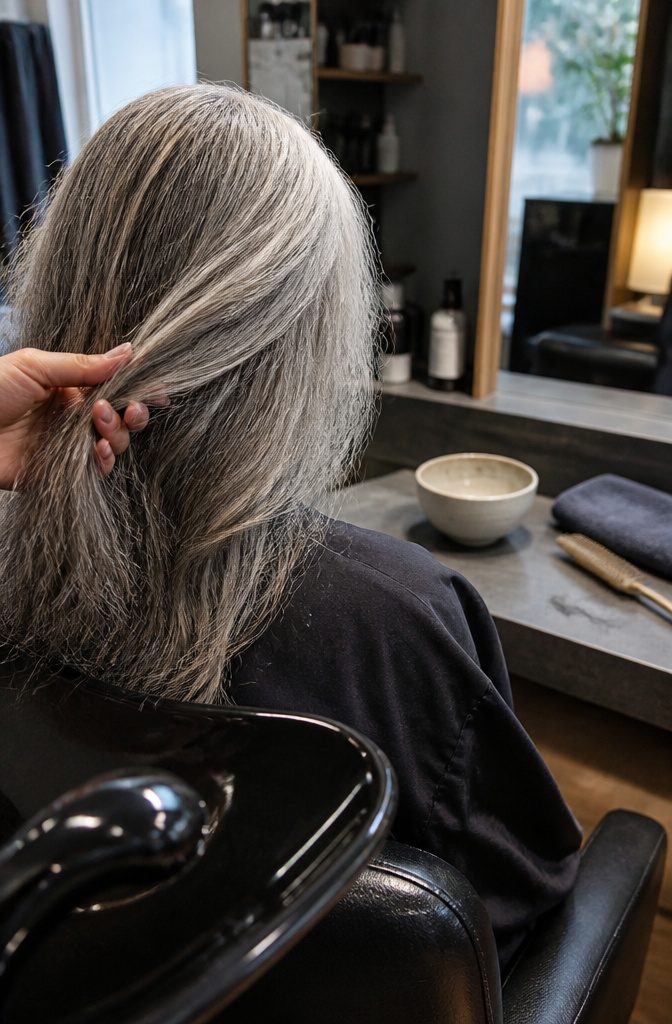 Close view of coarse silver strands and flyaways beside dark hair