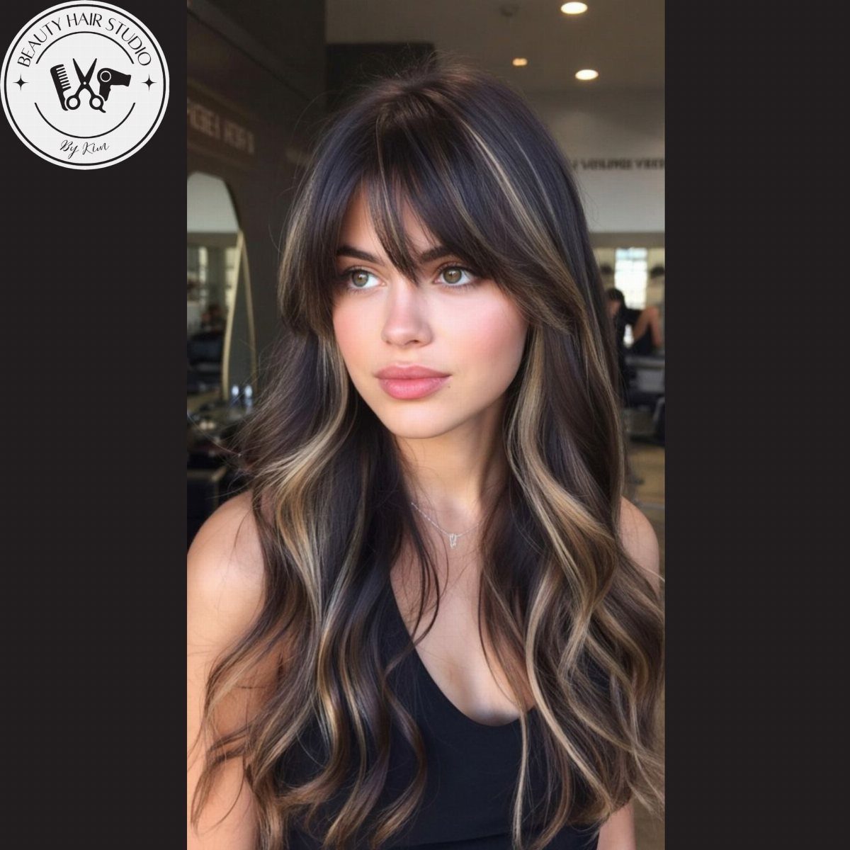 Woman showcasing wavy balayage hair with thick wispy fringe and face-framing highlights