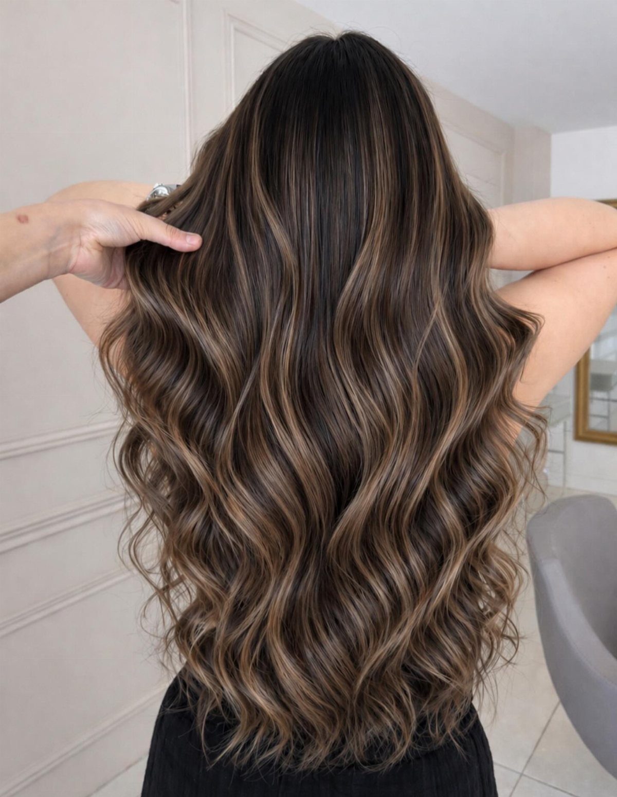 Long wavy brunette hair with subtle mocha-brown balayage highlights