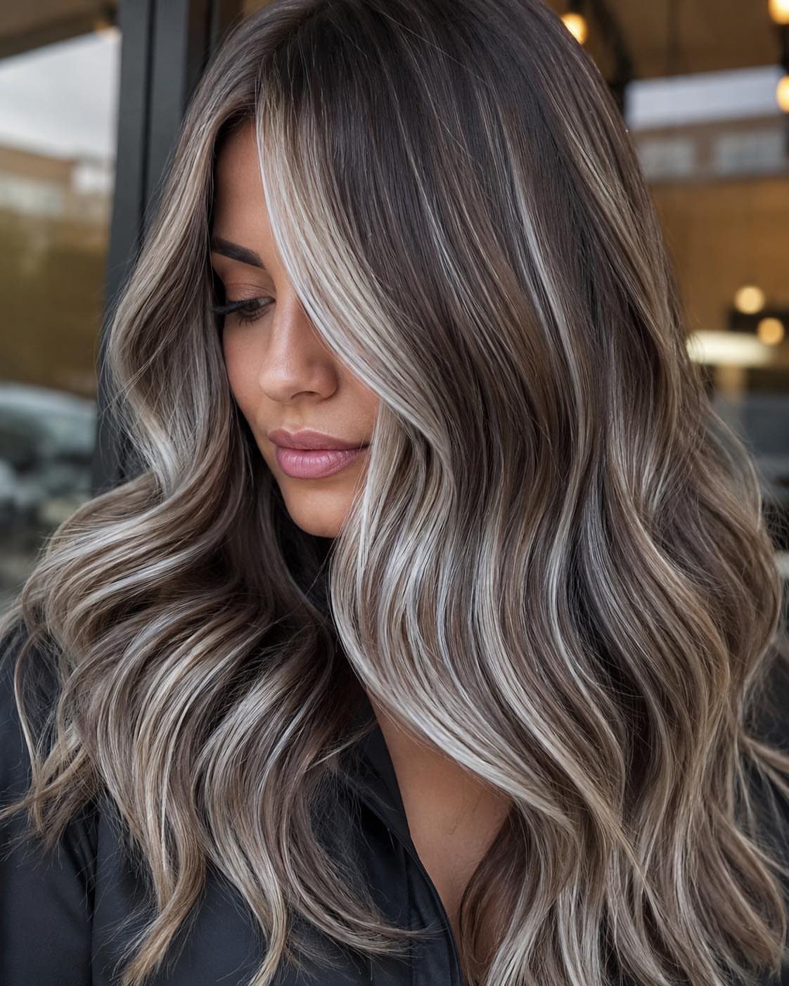 Woman with long wavy brown hair and striking cool-toned highlights