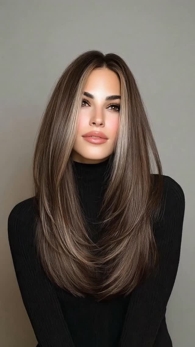 Woman with long dark brown hair and lighter brown highlights framing her face