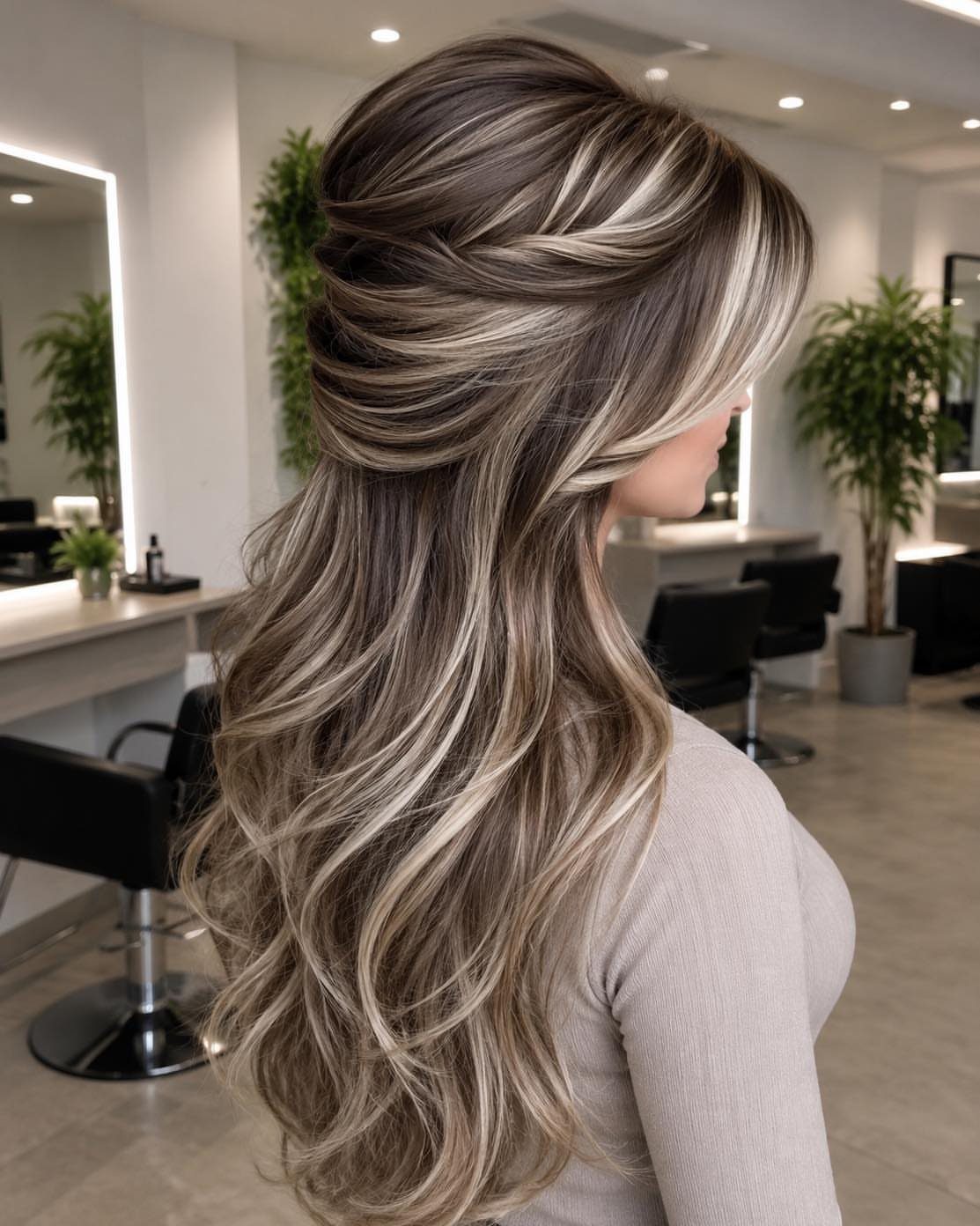 Long wavy ash-brown hair with platinum balayage and dark shadowed roots