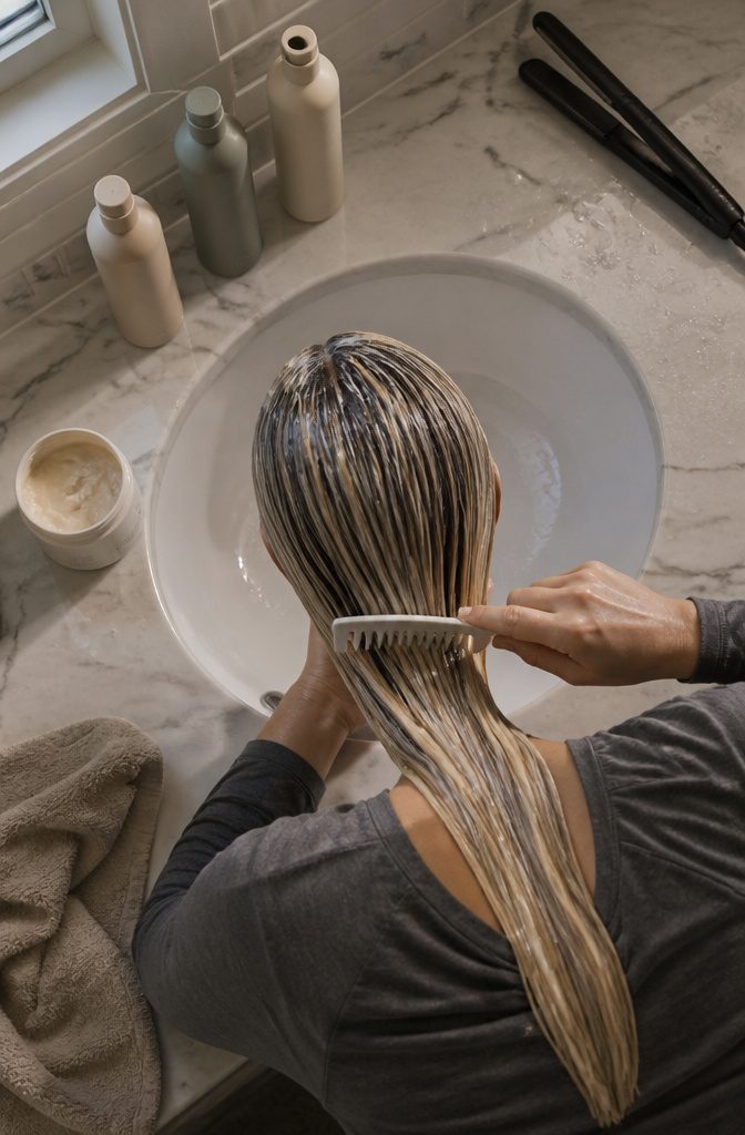 Bond repair treatments and conditioner beside freshly highlighted hair