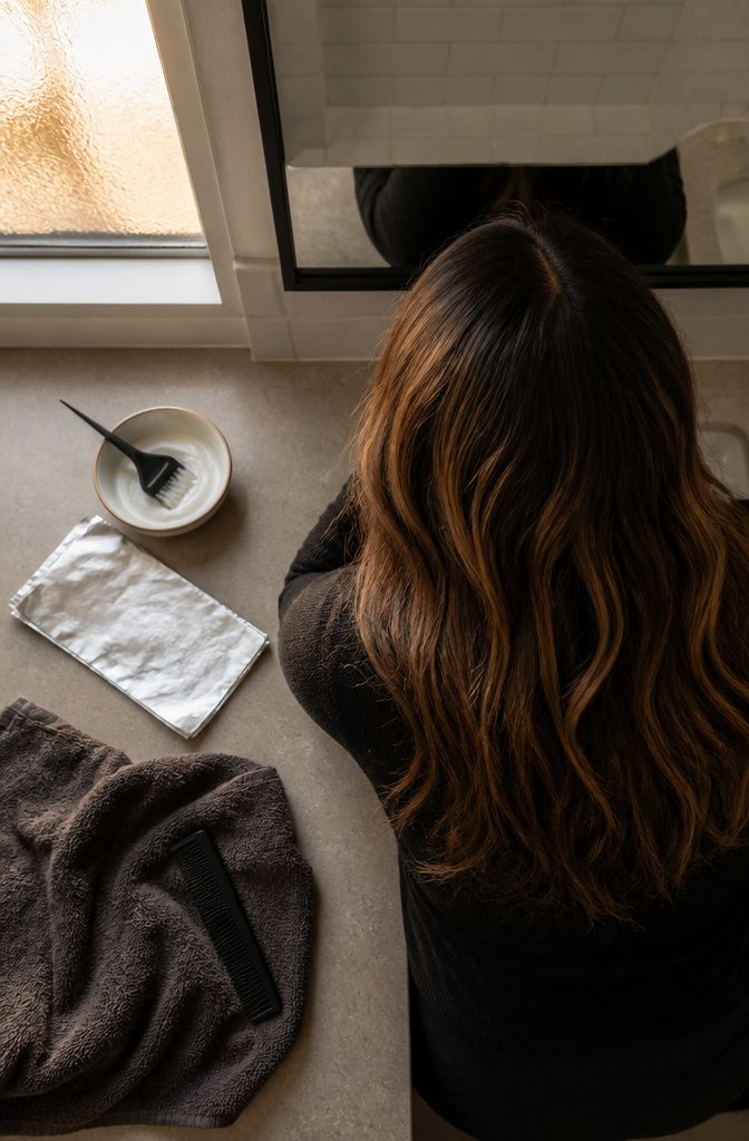 Caramel highlights woven through dark brown hair