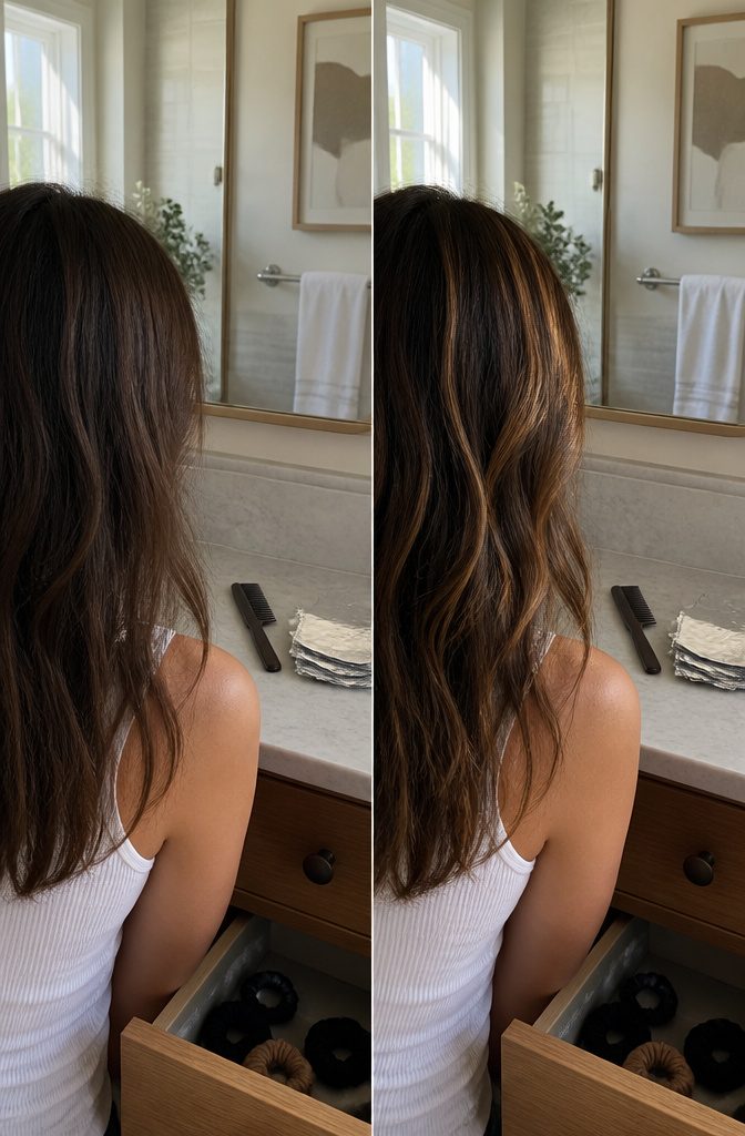 Dark hair with lighter pieces framing the face