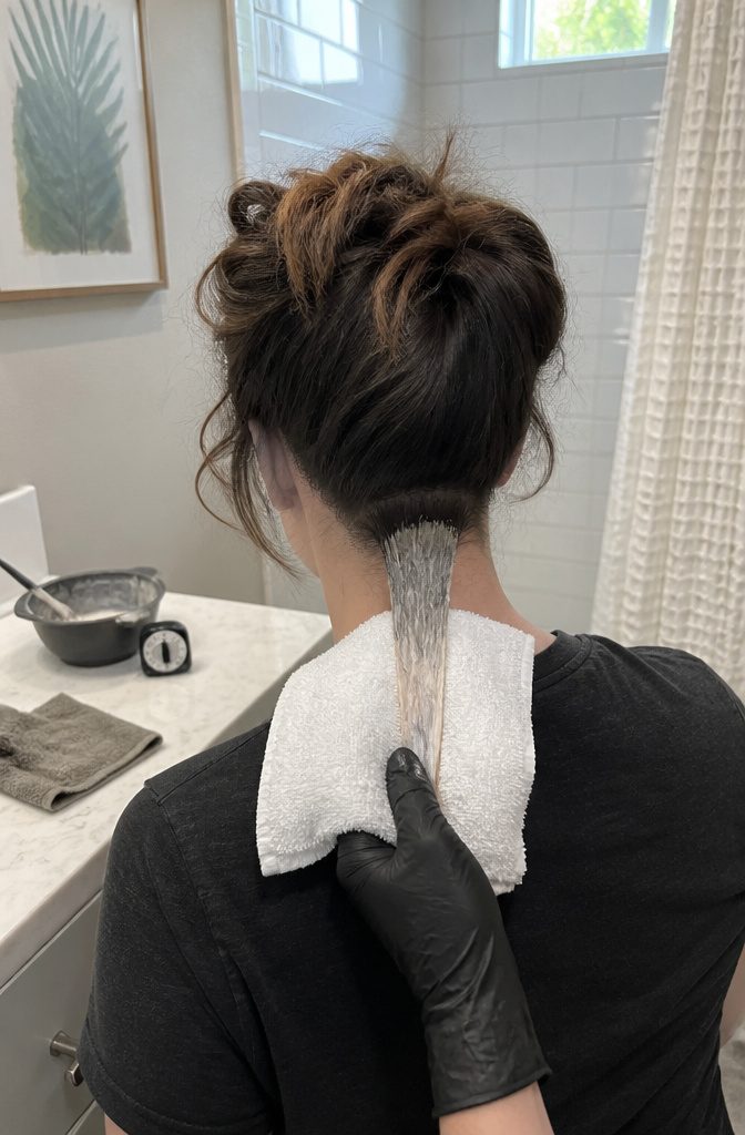 Gloved hand holding a lightened test strand against a white towel