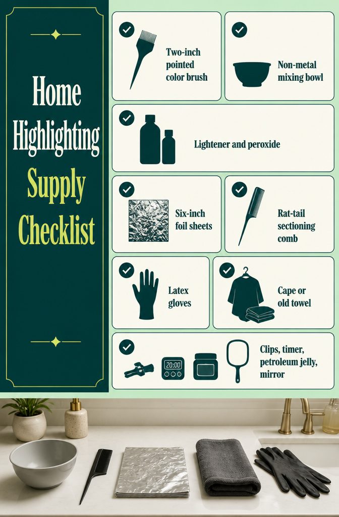 Hair highlighting supplies arranged beside foil and mixing tools