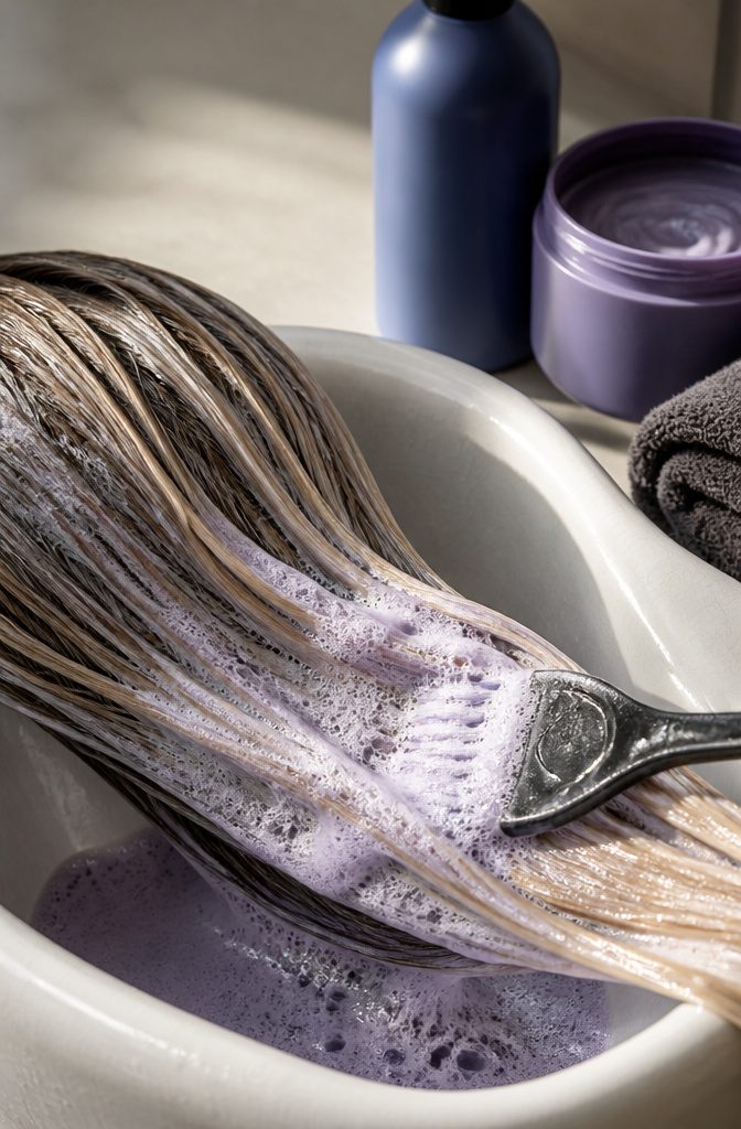 Purple shampoo mask and conditioner arranged beside highlighted hair