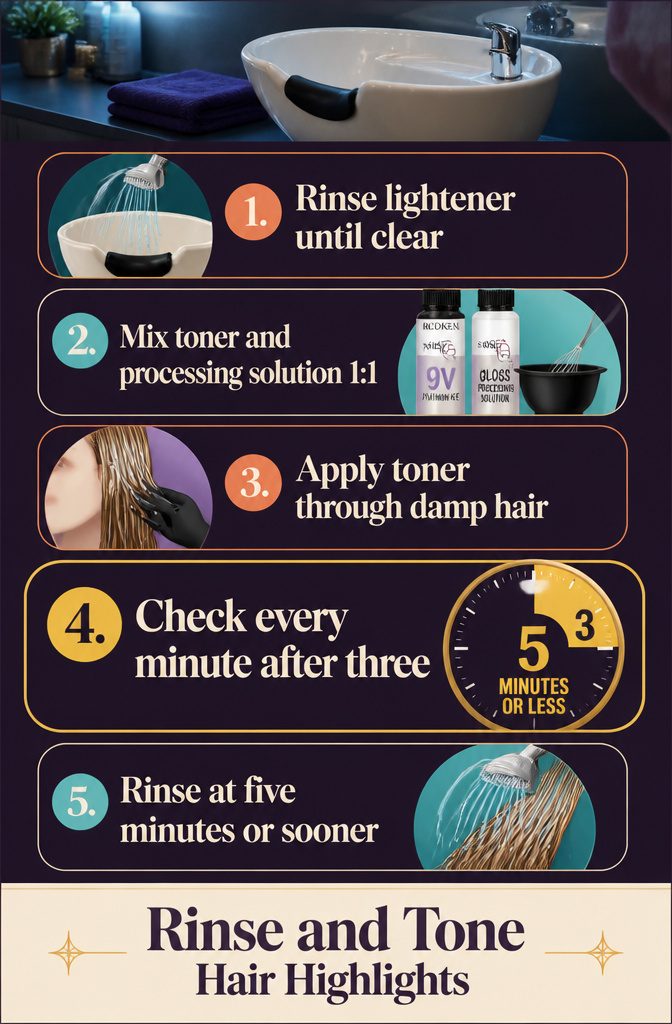 Damp highlighted hair being coated with purple toner