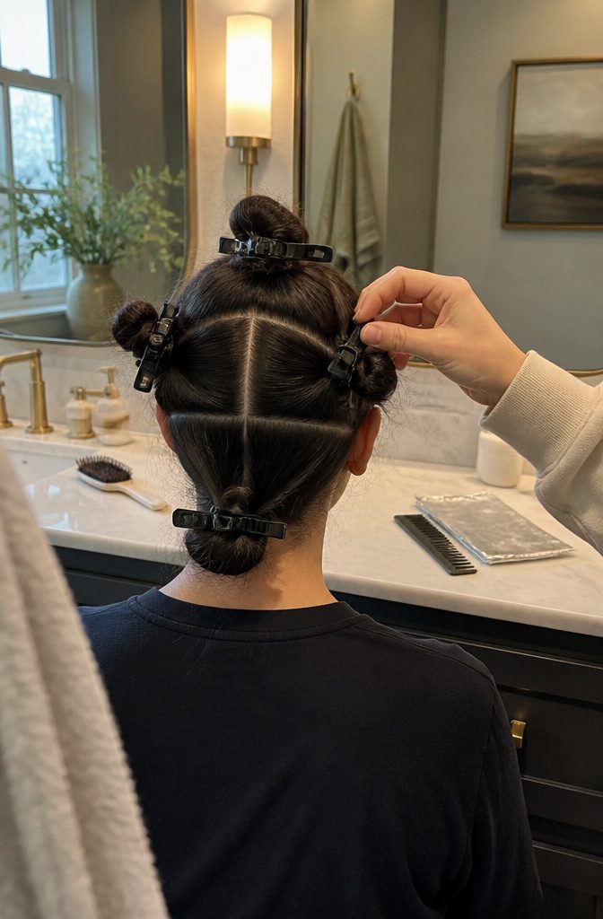 Dark hair divided into four clipped sections around the head