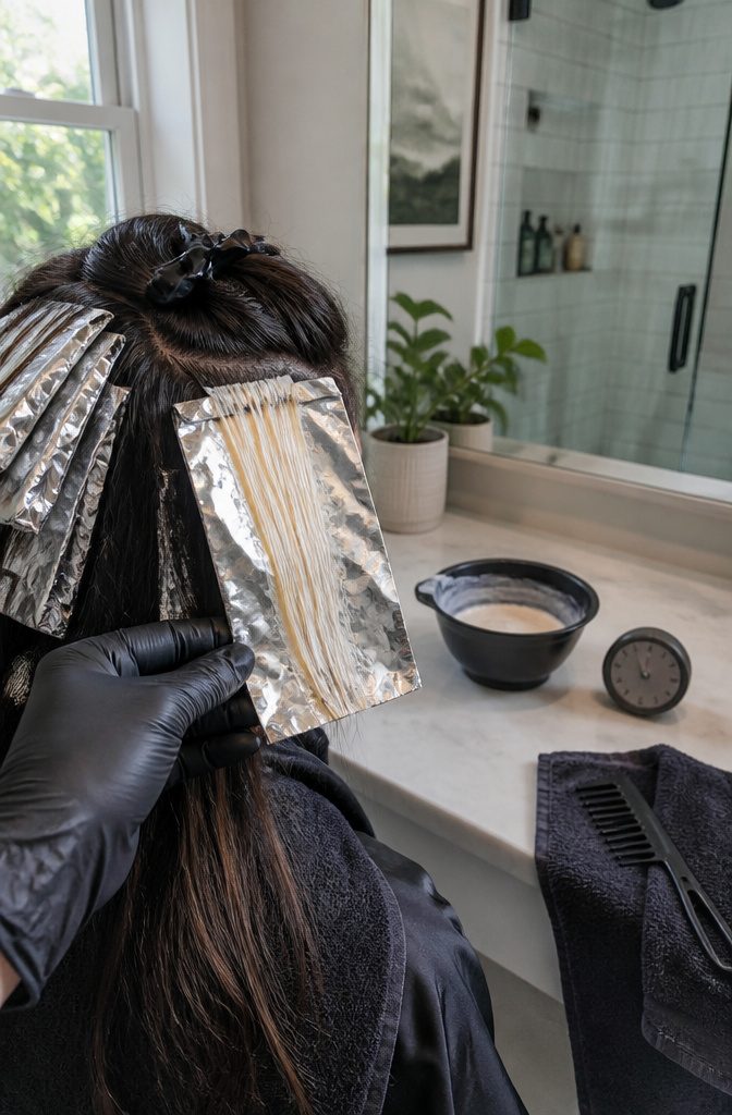 Opened foil showing pale yellow hair beside closed highlighting foils