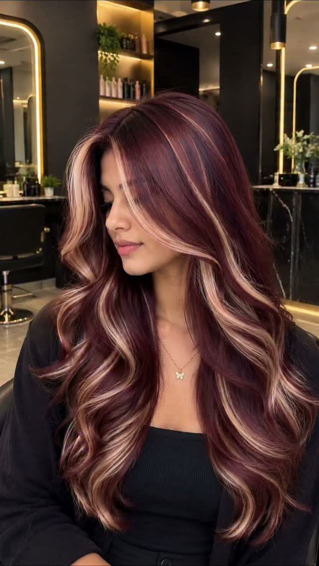 Woman displaying long burgundy waves with strawberry-blonde and caramel highlights