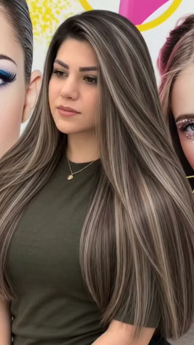 Woman with long dark brown hair featuring caramel highlights