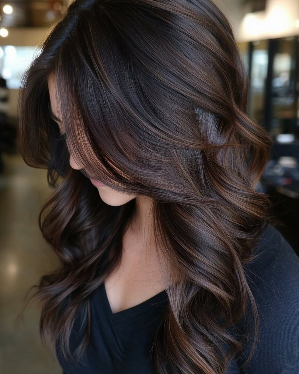 Long dark brown waves show subtle blended caramel and lighter brown highlights