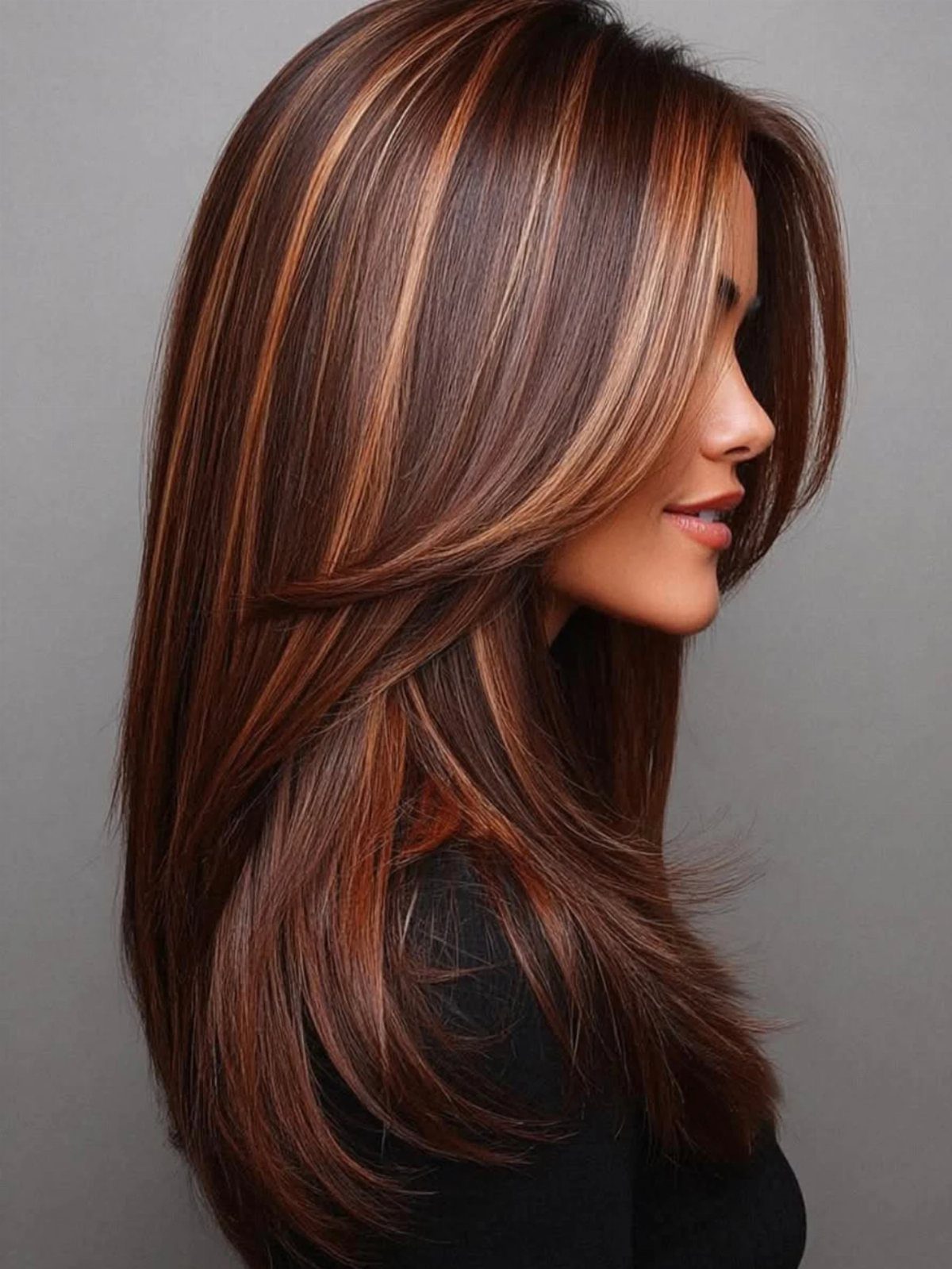 Side-profile woman showing long dark chocolate hair with subtle muted caramel highlights