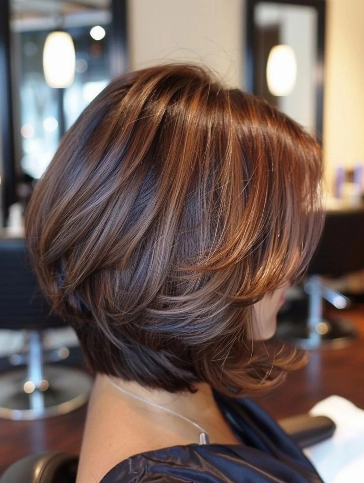 Short layered brown bob with warm caramel highlights styled in a salon