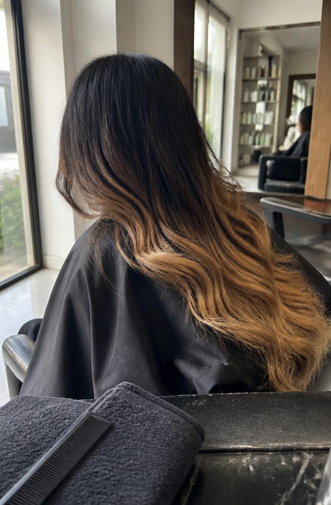 Black roots fading through a middle shade into blonde hair tips