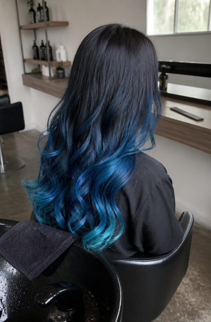 Dark roots fading through a mid-tone into blue and turquoise hair tips
